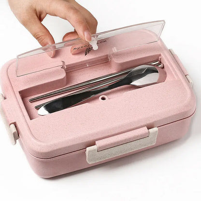 Multi-Compartment Microwaveable Lunch Box Set with Spoon and Chopsticks - Eco-Friendly Wheat Straw Material