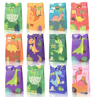 Dinosaur Adventure Party Favor Bags - 12Pc Set with Fun Stickers for Kids' Celebrations